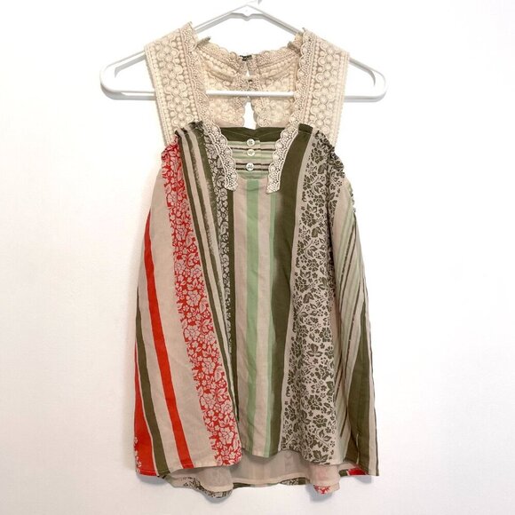 CABI 266 Whisper Gauze Tank Cream Beige Green Floral Striped Crochet Boho Blouse - Picture 4 of 16